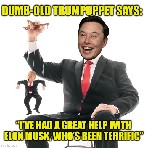 Dumb-old Trumpuppet says | DUMB-OLD TRUMPUPPET SAYS:; “I’VE HAD A GREAT HELP WITH ELON MUSK, WHO’S BEEN TERRIFIC” | image tagged in donald trump,elon musk,political meme,politics,puppet | made w/ Imgflip meme maker