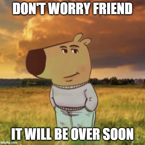 chill | DON'T WORRY FRIEND; IT WILL BE OVER SOON | image tagged in chill guy | made w/ Imgflip meme maker