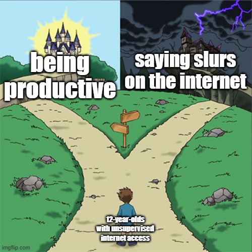 Two Paths | saying slurs on the internet; being productive; 12-year-olds with unsupervised internet access | image tagged in two paths | made w/ Imgflip meme maker