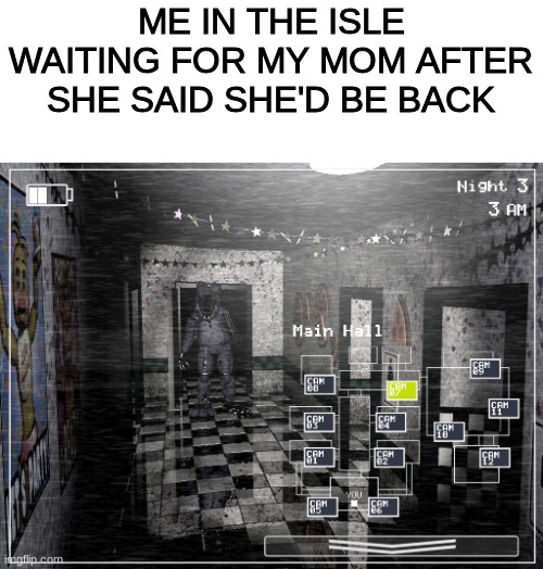 ME IN THE ISLE WAITING FOR MY MOM AFTER SHE SAID SHE'D BE BACK | image tagged in five nights at freddys,five nights at freddy's 2,fnaf2,fnaf 2 | made w/ Imgflip meme maker