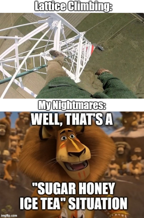 Nightmare Fuel | Lattice Climbing:; My Nightmares: | image tagged in climbing,lattice climbing,fears,nightmare,horror,climbing meme | made w/ Imgflip meme maker