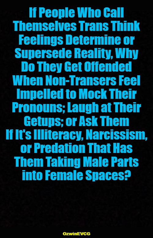 [NV] TLIA [NV] | If People Who Call 

Themselves Trans Think 

Feelings Determine or 

Supersede Reality, Why 

Do They Get Offended 

When Non-Transers Feel 

Impelled to Mock Their 

Pronouns; Laugh at Their 

Getups; or Ask Them 

If It's Illiteracy, Narcissism, 

or Predation That Has 

Them Taking Male Parts 

into Female Spaces? OzwinEVCG | image tagged in expectation vs reality,facts vs feelings,lgbtq,liberal logic,clown world,life in 2020s | made w/ Imgflip meme maker