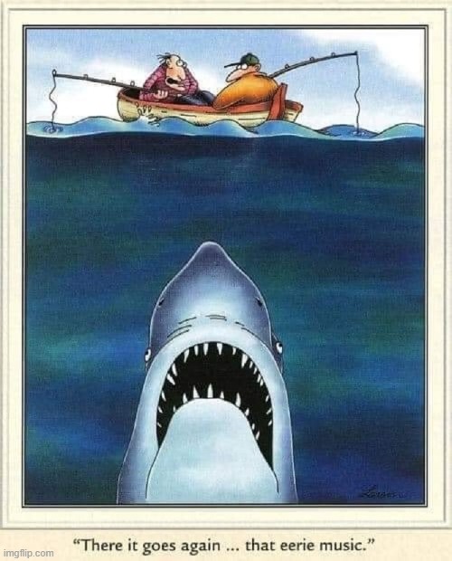 Oblivious to Oblivion —the Farside (1980) | image tagged in vince vance,jaws,fisherman,cartoons,fishing,oblivious | made w/ Imgflip meme maker