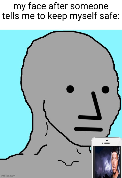 cool some guy from another state telling me to die | my face after someone tells me to keep myself safe: | image tagged in memes,npc | made w/ Imgflip meme maker