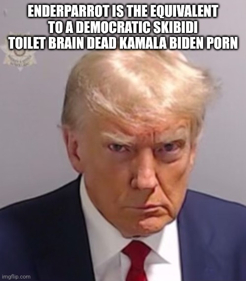 mod note: kys (i say this with full offense) | ENDERPARROT IS THE EQUIVALENT TO A DEMOCRATIC SKIBIDI TOILET BRAIN DEAD KAMALA BIDEN PORN | image tagged in donald trump mugshot | made w/ Imgflip meme maker