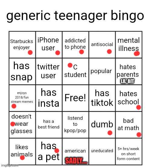 ye/ | LIL' BIT; SADLY.... | image tagged in generic teenager bingo | made w/ Imgflip meme maker