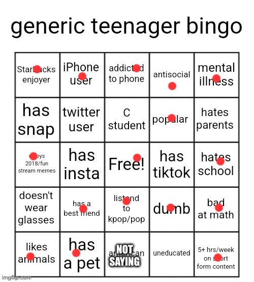 generic teenager bingo | NOT SAYING | image tagged in generic teenager bingo | made w/ Imgflip meme maker