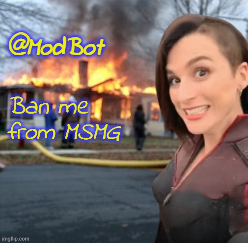 Disaster Girl, Stormfront edition | @ModBot; Ban me from MSMG | image tagged in disaster girl stormfront edition | made w/ Imgflip meme maker