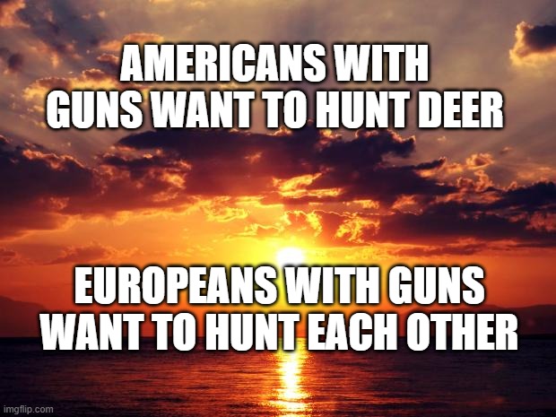 Sunset | AMERICANS WITH GUNS WANT TO HUNT DEER; EUROPEANS WITH GUNS WANT TO HUNT EACH OTHER | image tagged in sunset | made w/ Imgflip meme maker
