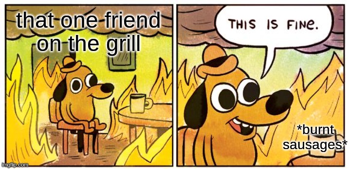 real story btw | that one friend on the grill; *burnt sausages* | image tagged in memes,this is fine,fire,grill | made w/ Imgflip meme maker