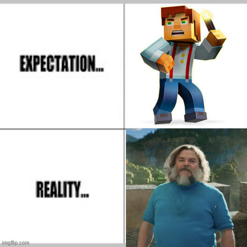 Minecraft Movie: Expectations vs Reality | image tagged in expectation vs reality,jack black,minecraft steve,minecraft,minecraft story mode,minecraft movie | made w/ Imgflip meme maker