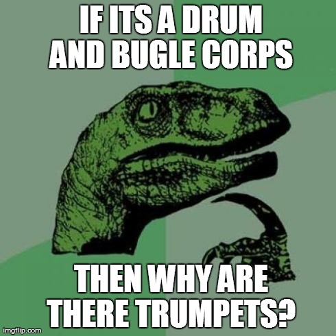 Philosoraptor | IF ITS A DRUM AND BUGLE CORPS  THEN WHY ARE THERE TRUMPETS? | image tagged in memes,philosoraptor | made w/ Imgflip meme maker