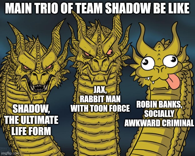 The main trio of Team Shadow be like | MAIN TRIO OF TEAM SHADOW BE LIKE; JAX, RABBIT MAN WITH TOON FORCE; ROBIN BANKS, SOCIALLY AWKWARD CRIMINAL; SHADOW, THE ULTIMATE LIFE FORM | image tagged in three-headed dragon | made w/ Imgflip meme maker