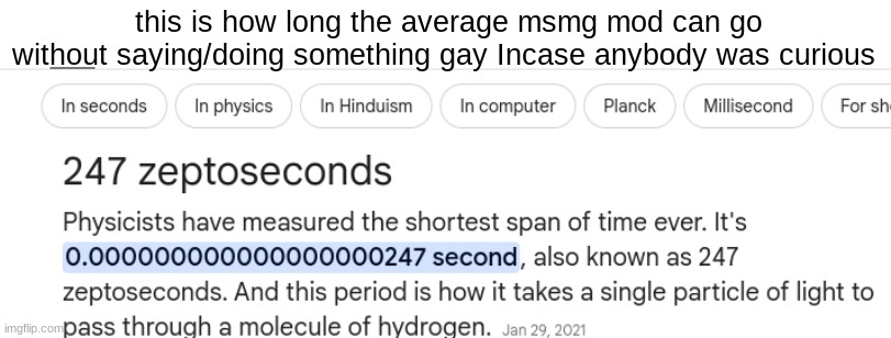 this is how long the average msmg mod can go without saying/doing something gay Incase anybody was curious | made w/ Imgflip meme maker