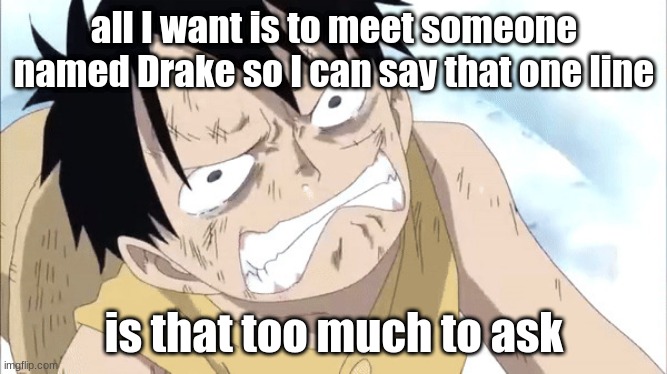 say Drake, | all I want is to meet someone named Drake so I can say that one line; is that too much to ask | image tagged in luffy may cry | made w/ Imgflip meme maker