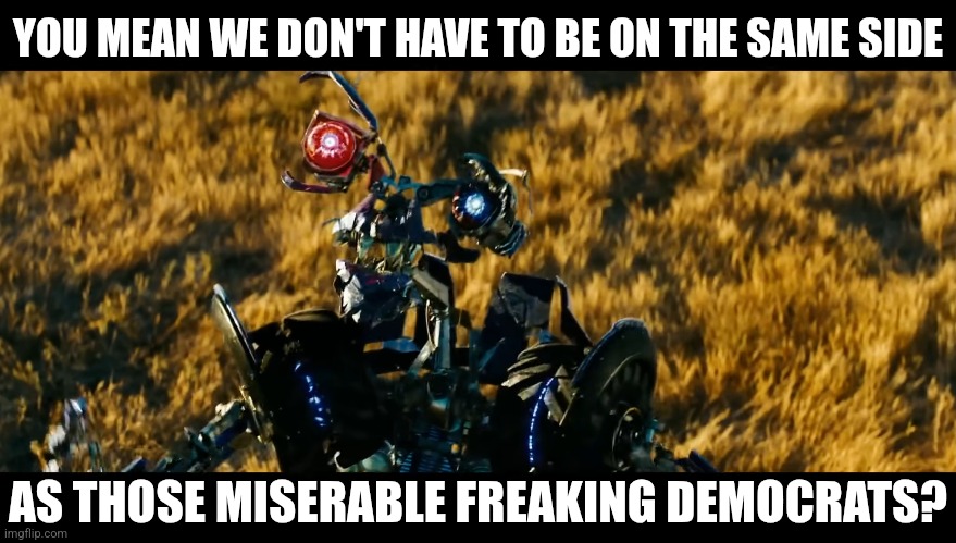 YOU MEAN WE DON'T HAVE TO BE ON THE SAME SIDE AS THOSE MISERABLE FREAKING DEMOCRATS? | made w/ Imgflip meme maker