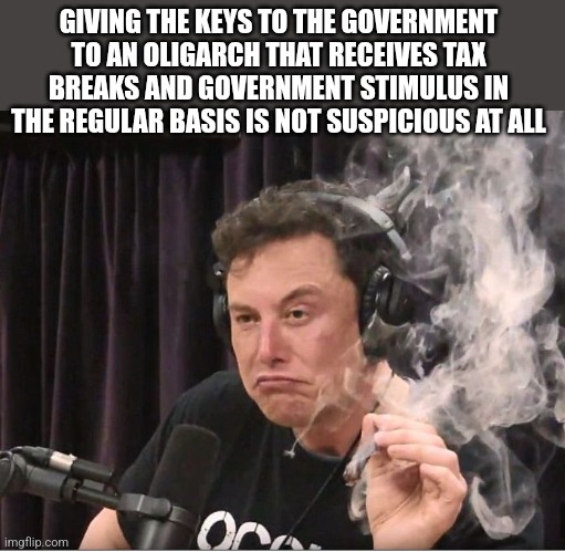 Conflict of interest | GIVING THE KEYS TO THE GOVERNMENT TO AN OLIGARCH THAT RECEIVES TAX BREAKS AND GOVERNMENT STIMULUS IN THE REGULAR BASIS IS NOT SUSPICIOUS AT ALL | image tagged in elon musk,trump,donald trump,maga,nevertrump,nevertrump meme | made w/ Imgflip meme maker