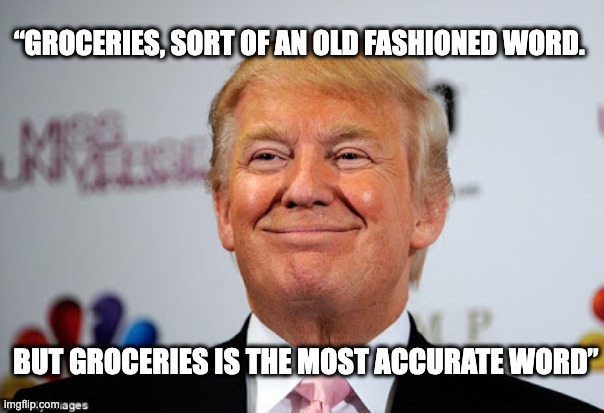 Thoughtful words from an orange idiot | “GROCERIES, SORT OF AN OLD FASHIONED WORD. BUT GROCERIES IS THE MOST ACCURATE WORD” | image tagged in donald trump approves | made w/ Imgflip meme maker