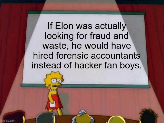 Hacker Fan Boys | If Elon was actually looking for fraud and waste, he would have hired forensic accountants instead of hacker fan boys. | image tagged in musk,gop,maga,nazis,fascists,hackers | made w/ Imgflip meme maker