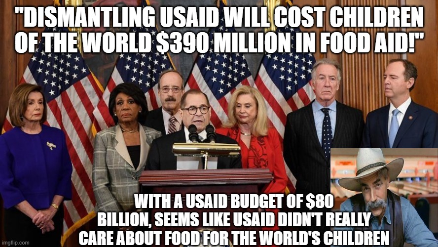 House Democrats | "DISMANTLING USAID WILL COST CHILDREN OF THE WORLD $390 MILLION IN FOOD AID!"; WITH A USAID BUDGET OF $80 BILLION, SEEMS LIKE USAID DIDN'T REALLY CARE ABOUT FOOD FOR THE WORLD'S CHILDREN | image tagged in house democrats | made w/ Imgflip meme maker