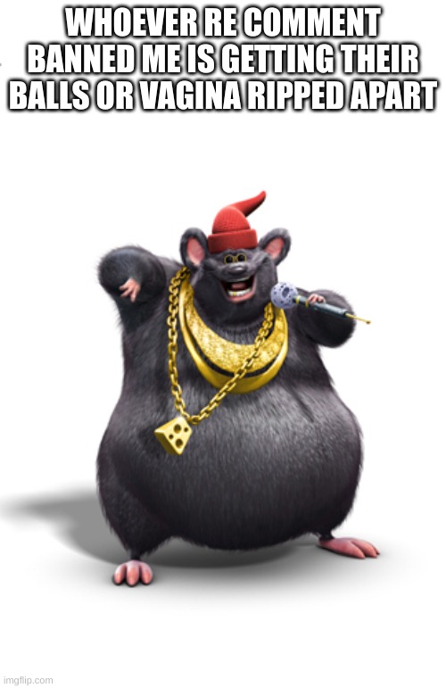 Biggie cheese | WHOEVER RE COMMENT BANNED ME IS GETTING THEIR BALLS OR VAGINA RIPPED APART | image tagged in biggie cheese | made w/ Imgflip meme maker