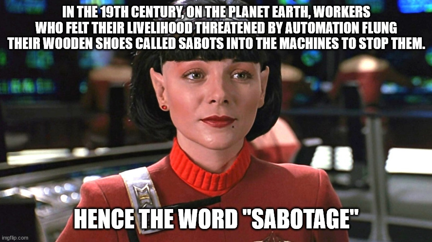 IN THE 19TH CENTURY, ON THE PLANET EARTH, WORKERS WHO FELT THEIR LIVELIHOOD THREATENED BY AUTOMATION FLUNG THEIR WOODEN SHOES CALLED SABOTS INTO THE MACHINES TO STOP THEM. HENCE THE WORD "SABOTAGE" | made w/ Imgflip meme maker