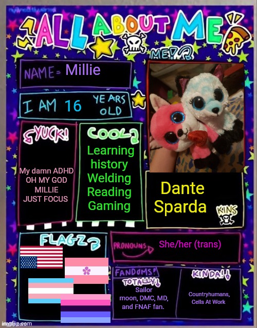 All about me! (Og temp by Jade) | Millie; 16; My damn ADHD

OH MY GOD MILLIE JUST FOCUS; Learning history 
Welding 
Reading 
Gaming; Dante Sparda; She/her (trans); Sailor moon, DMC, MD, and FNAF fan. Countryhumans, Cells At Work | image tagged in all about me og temp by jade | made w/ Imgflip meme maker