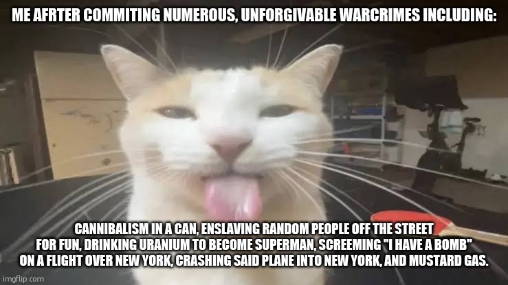 Milly the silly cat Bleh Cat | ME AFRTER COMMITING NUMEROUS, UNFORGIVABLE WARCRIMES INCLUDING:; CANNIBALISM IN A CAN, ENSLAVING RANDOM PEOPLE OFF THE STREET FOR FUN, DRINKING URANIUM TO BECOME SUPERMAN, SCREEMING "I HAVE A BOMB" ON A FLIGHT OVER NEW YORK, CRASHING SAID PLANE INTO NEW YORK, AND MUSTARD GAS. | image tagged in milly the silly cat bleh cat | made w/ Imgflip meme maker