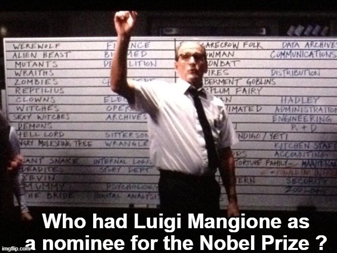 Would you be surprised? | Who had Luigi Mangione as a nominee for the Nobel Prize ? | image tagged in who had x for y | made w/ Imgflip meme maker