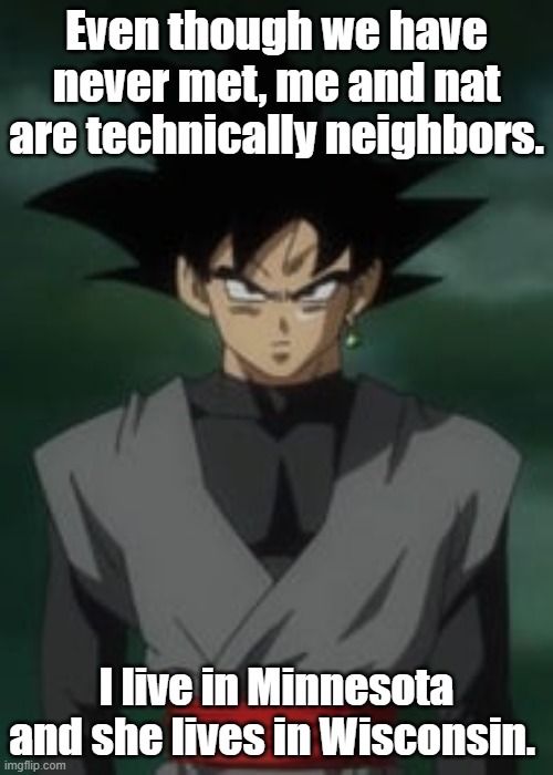 Goku black questions you | Even though we have never met, me and nat are technically neighbors. I live in Minnesota and she lives in Wisconsin. | image tagged in goku black questions you | made w/ Imgflip meme maker