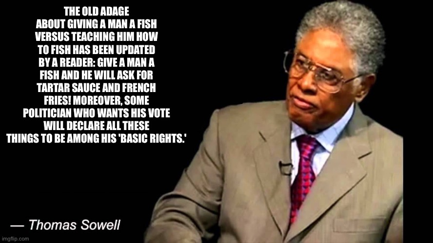 Thomas Sowell | THE OLD ADAGE ABOUT GIVING A MAN A FISH VERSUS TEACHING HIM HOW TO FISH HAS BEEN UPDATED BY A READER: GIVE A MAN A FISH AND HE WILL ASK FOR TARTAR SAUCE AND FRENCH FRIES! MOREOVER, SOME POLITICIAN WHO WANTS HIS VOTE WILL DECLARE ALL THESE THINGS TO BE AMONG HIS 'BASIC RIGHTS.' | image tagged in thomas sowell | made w/ Imgflip meme maker