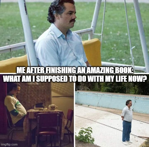 Me after finishing an amazing book: What am I supposed to do with my life now? | ME AFTER FINISHING AN AMAZING BOOK: WHAT AM I SUPPOSED TO DO WITH MY LIFE NOW? | image tagged in memes,sad pablo escobar | made w/ Imgflip meme maker