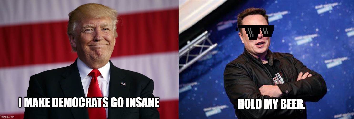 Trump | HOLD MY BEER. I MAKE DEMOCRATS GO INSANE | image tagged in trump,elonmusk,doge | made w/ Imgflip meme maker