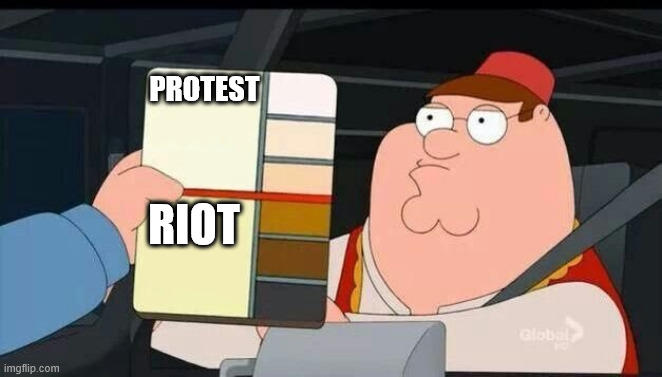 Peter Griffin skin color chart race terrorist blank | PROTEST; RIOT | image tagged in peter griffin skin color chart race terrorist blank | made w/ Imgflip meme maker