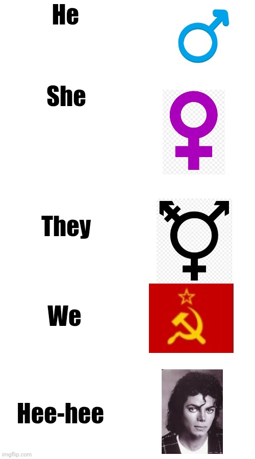 a funny i stole from reddit | He; She; They; We; Hee-hee | image tagged in meme,communism,michael jackson,gender identity | made w/ Imgflip meme maker