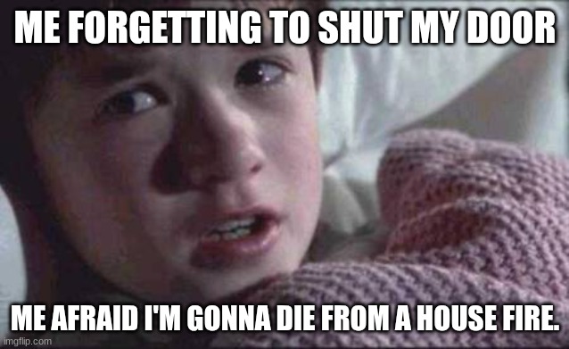 I See Dead People Meme | ME FORGETTING TO SHUT MY DOOR; ME AFRAID I'M GONNA DIE FROM A HOUSE FIRE. | image tagged in memes,i see dead people | made w/ Imgflip meme maker