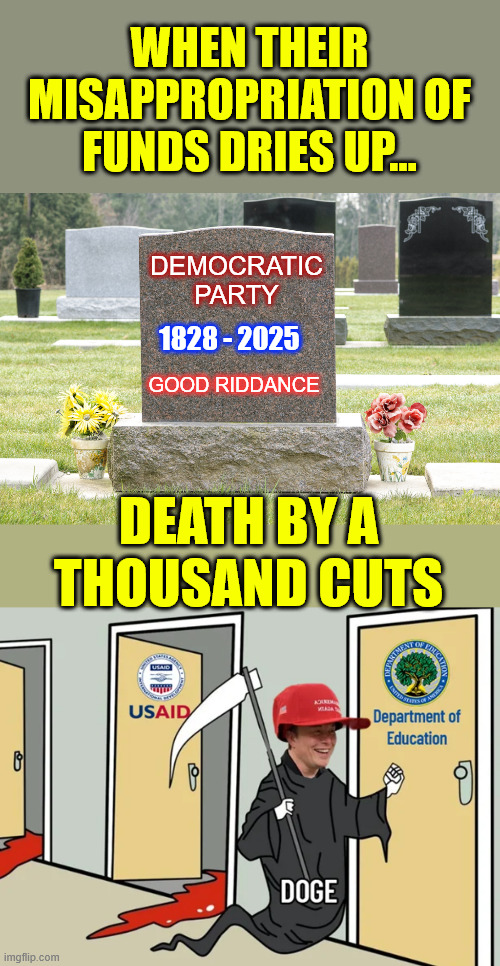 When their misappropriation of funds dries up... | WHEN THEIR MISAPPROPRIATION OF FUNDS DRIES UP... DEMOCRATIC PARTY; 1828 - 2025; GOOD RIDDANCE; DEATH BY A THOUSAND CUTS | image tagged in doge,exposing,deep state crimes | made w/ Imgflip meme maker