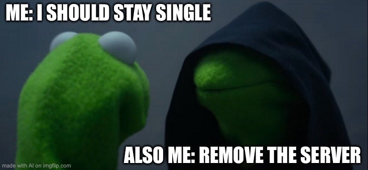 Evil Kermit | ME: I SHOULD STAY SINGLE; ALSO ME: REMOVE THE SERVER | image tagged in memes,evil kermit | made w/ Imgflip meme maker