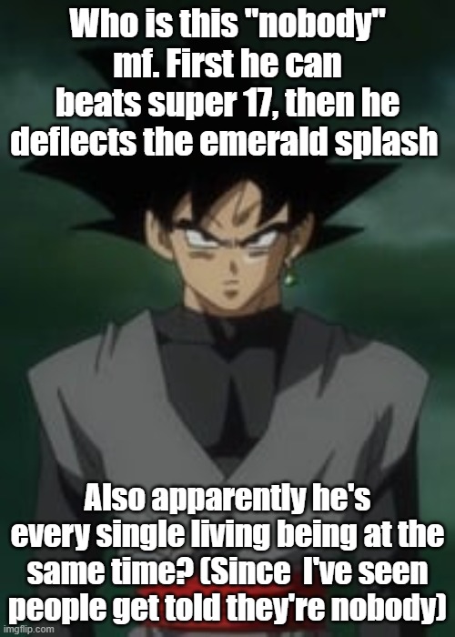 Goku black questions you | Who is this "nobody" mf. First he can beats super 17, then he deflects the emerald splash; Also apparently he's every single living being at the same time? (Since  I've seen people get told they're nobody) | image tagged in goku black questions you | made w/ Imgflip meme maker