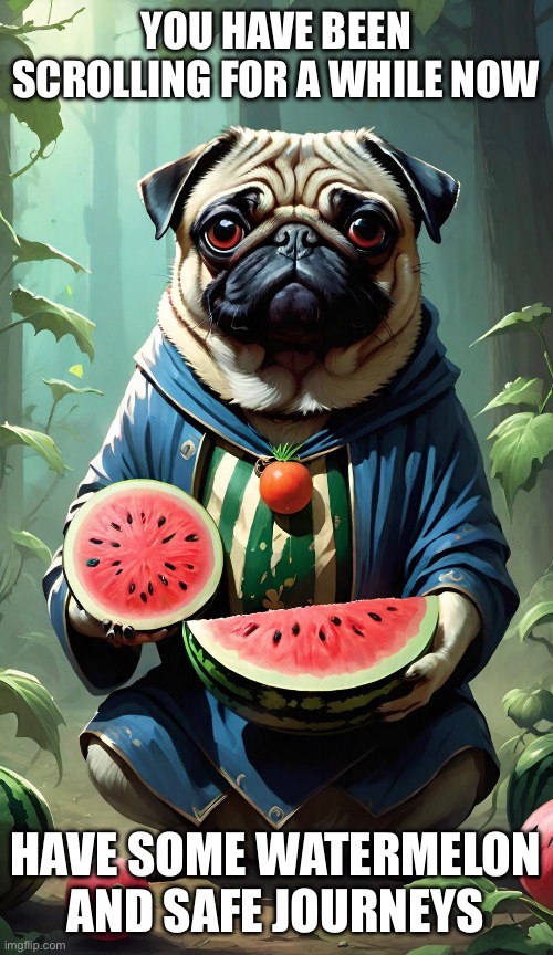 YOU HAVE BEEN SCROLLING FOR A WHILE NOW; HAVE SOME WATERMELON AND SAFE JOURNEYS | image tagged in pugs,fruit | made w/ Imgflip meme maker