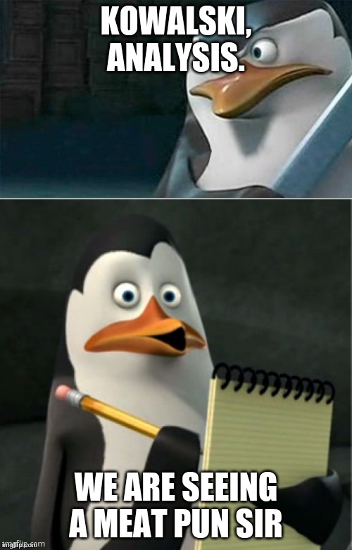 Kowalski Analysis | KOWALSKI, ANALYSIS. WE ARE SEEING A MEAT PUN SIR | image tagged in kowalski analysis | made w/ Imgflip meme maker