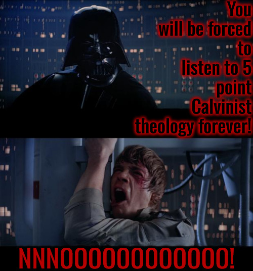 NNOOOOOOOOO | You will be forced to listen to 5 point Calvinist theology forever! NNNOOOOOOOOOOOO! | image tagged in star wars no,calvinism,arminian,molinism,reformed theology 5 point calvinists,ai muppet marionette corpse dogma | made w/ Imgflip meme maker