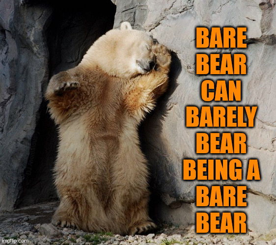 Just barely | BARE
BEAR
CAN
BARELY
BEAR
BEING A
BARE
BEAR; DJ Anomalous | image tagged in bear can't bear it,bear,springtime,wake up,animal meme | made w/ Imgflip meme maker