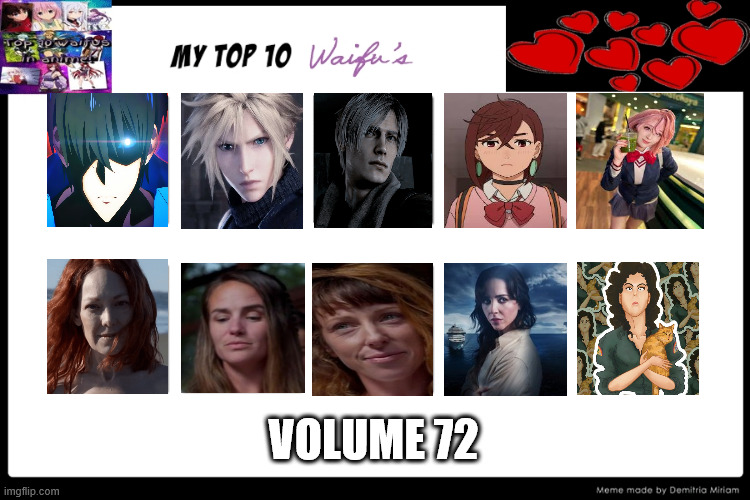 top 10 waifus volume 72 | VOLUME 72 | image tagged in top 10 waifus,live action,video games,anime,dandelion,capcom | made w/ Imgflip meme maker