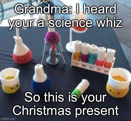 Goodies | Grandma: I heard your a science whiz; So this is your Christmas present | image tagged in science,grandma,christmas | made w/ Imgflip meme maker