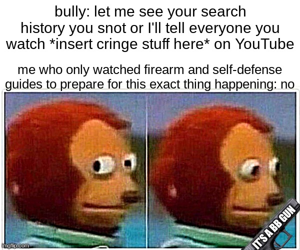 Monkey Puppet | bully: let me see your search history you snot or I'll tell everyone you watch *insert cringe stuff here* on YouTube; me who only watched firearm and self-defense guides to prepare for this exact thing happening: no; IT'S A BB GUN | image tagged in memes,monkey puppet | made w/ Imgflip meme maker