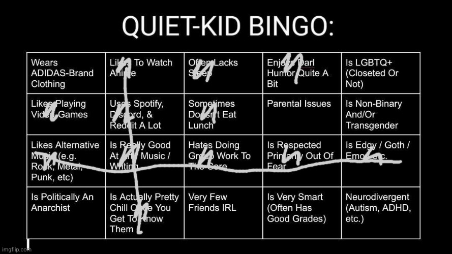 Quiet Kid Bingo | image tagged in quiet kid bingo | made w/ Imgflip meme maker