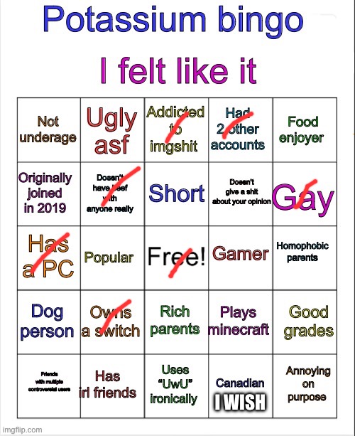 I had an account a while ago in 5th grade, I forgot the login and stuff | I WISH | image tagged in potassium bingo v3 | made w/ Imgflip meme maker