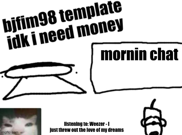 new announcement temp | mornin chat; listening to: Weezer - I just threw out the love of my dreams | image tagged in new announcement temp | made w/ Imgflip meme maker