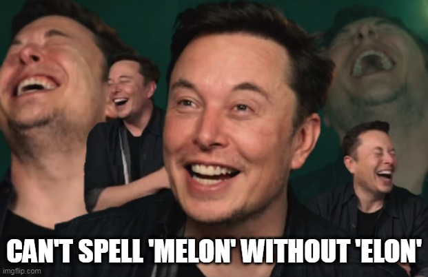 Do you know the Melon Man? | CAN'T SPELL 'MELON' WITHOUT 'ELON' | image tagged in musk,elon,fruit,imposter,laughing villains | made w/ Imgflip meme maker